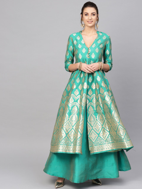 

AKS Green & Golden Ready to Wear Woven Design Lehenga with Longline Ethnic Jacket