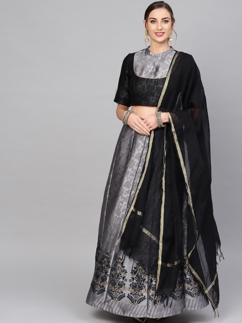 

AKS Charcoal Grey & Black Woven Design Ready to Wear Jacquard Lehenga Choli with Dupatta