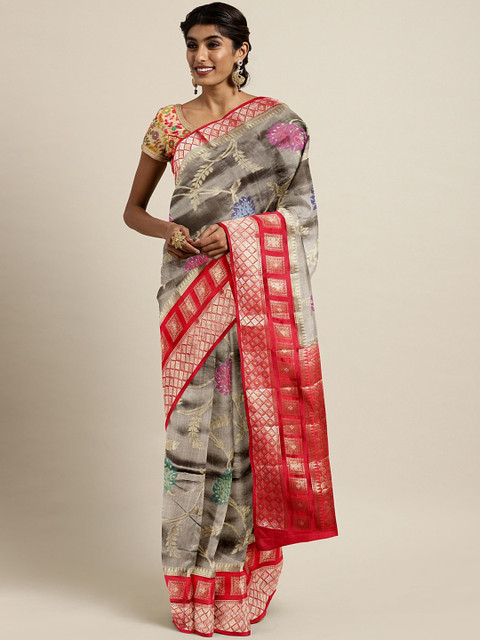 

The Chennai Silks Grey & Red Pure Silk Woven Design Tussar Saree