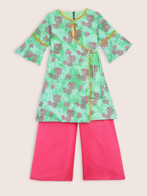 

YK Girls Green Printed Kurti with Palazzos