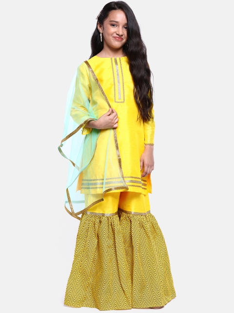 

YK Girls Yellow & Coffee Brown Embellished Kurta with Chevron Print Sharara & Dupatta