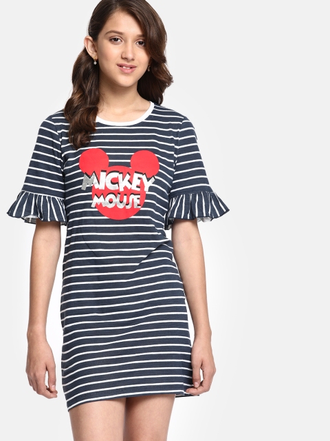 

YK Disney Girls Navy Blue & White Striped T-shirt Dress Mickey Mouse Print Detail