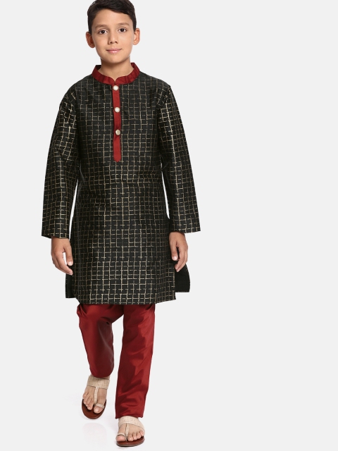 

YK Boys Black & Maroon Checked Kurta Set
