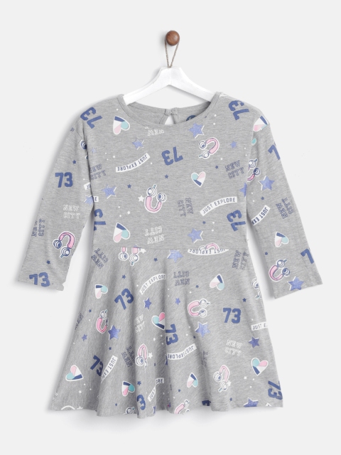

YK Girls Grey Melange & Navy Blue Printed A-Line Dress