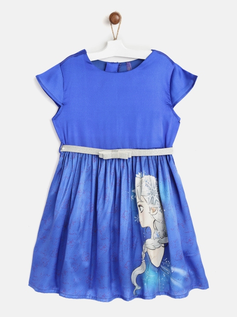 

YK Disney Girls Blue Disney Frozen Printed Fit & Flare Dress with Silver Belt