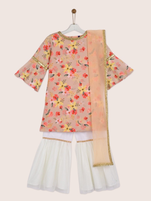 

YK Girls Peach-Coloured & White Printed Kurti with Sharara & Dupatta