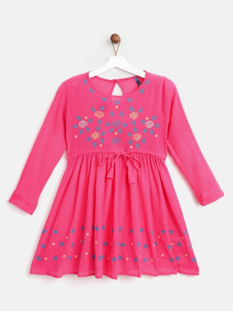 

YK Girls Pink & Blue Floral Embroidered Fit & Flare Dress