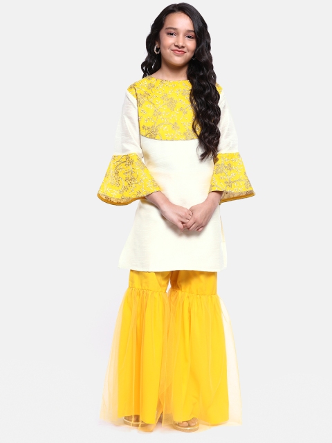 

YK Girls Off-White & Yellow Yoke Design Embroidered Kurta with Sharara