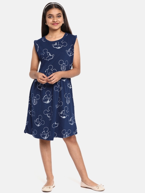 

YK Disney Girls Navy Blue & White Mickey Mouse Printed Fit and Flare Dress