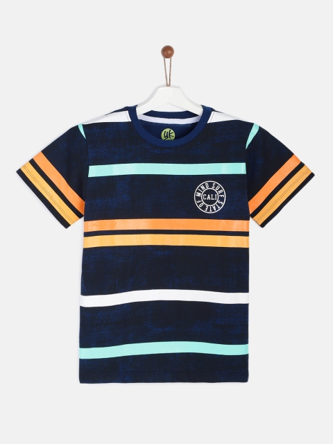 

YK Boys Navy Blue & Yellow Striped Round Neck T-shirt