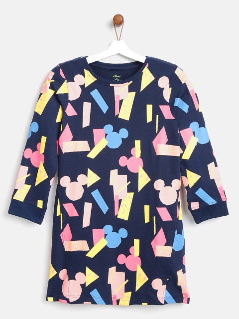 

YK Disney Girls Navy, Pink & Yellow Mickey Printed A-Line Dress, Navy blue