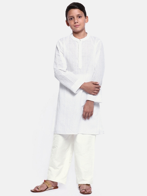 

YK Boys White Self Design Kurta with Pyjamas