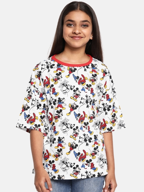 

YK Disney Girls White & Black Mickey Mouse Print Round Neck T-shirt