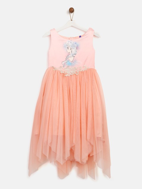 

YK Disney Girls Peach-Coloured Net Midi Fit & Flare Dress with Disney Frozen Print