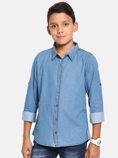 

YK Boys Blue Regular Fit Solid Chambray Shirt