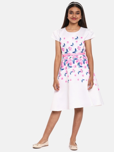 

YK Girls White & Pink Butterfly Printed Fit and Flare Satin Dress