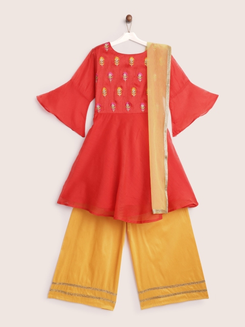 

YK Girls Red & Mustard Yellow Yoke Design Kurta with Palazzos & Dupatta