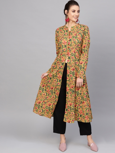 

AKS Women Mustard Yellow & Green Printed Longline Ethnic Tailored Jacket