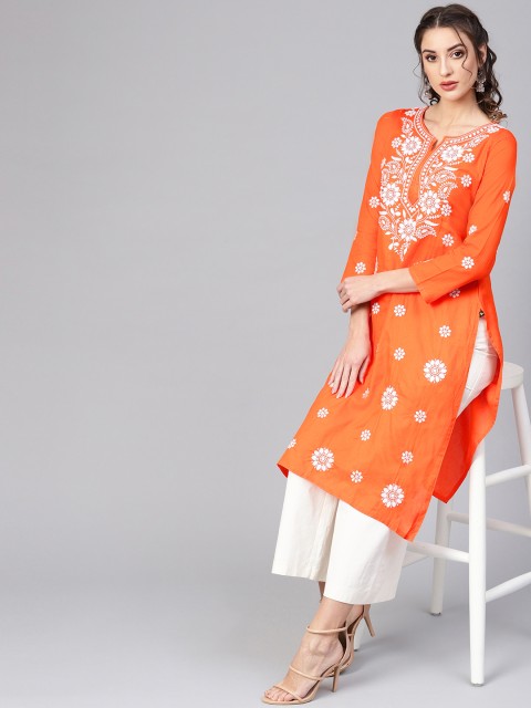 

Saadgi Women Orange & White Chikankri Embroidered Straight Kurta