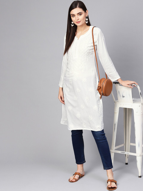 

Saadgi Women White Aari Embroidered Handloom Straight Kurta