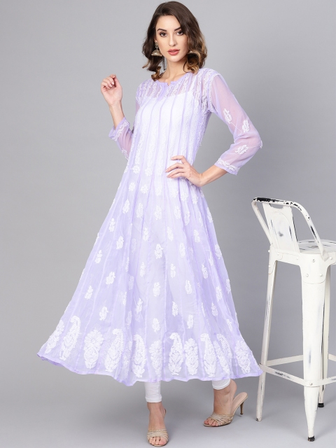 

Saadgi Women Lavender & White Chikankari Embroidered Handwork Anarkali Kurta