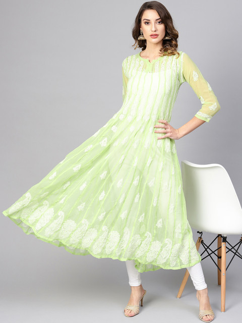 

Saadgi Women Green & White Chikankari Embroidered Handwork Anarkali Kurta