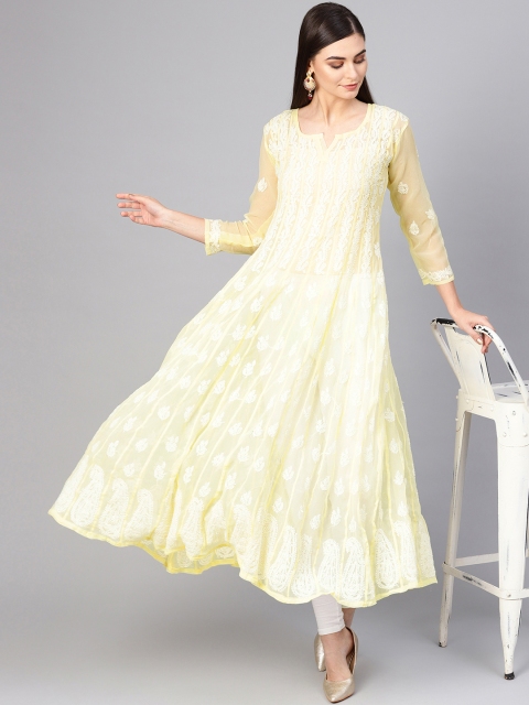

Saadgi Women Yellow & White Chikankari Embroidered Handloom Anarkali Kurta