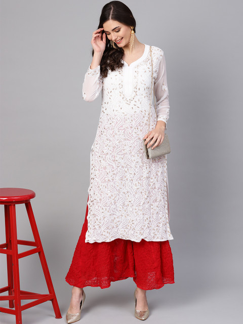 

Saadgi Women White Chikankari Handloom Embroidered Semi-Sheer Straight Kurta