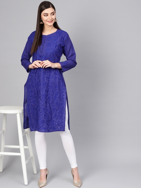 

Saadgi Women Blue Aari Embroidered Handloom Straight Kurta