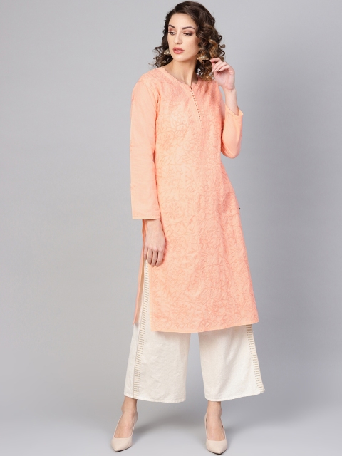 

Saadgi Women Peach-Coloured Chikankari Aari Handloom Embroidered Straight Kurta