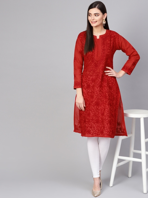 

Saadgi Women Red Aari Embroidered Handloom Straight Kurta