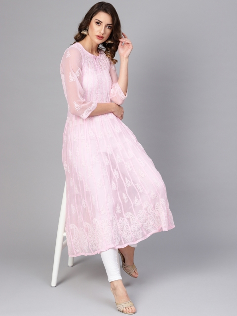 

Saadgi Women Pink & White Semi Sheer Chikankari Embroidered Handwork Anarkali Kurta