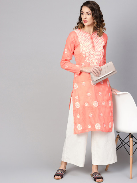 

Saadgi Women Peach-Coloured & White Chikankari Floral Embroidered Straight Kurta