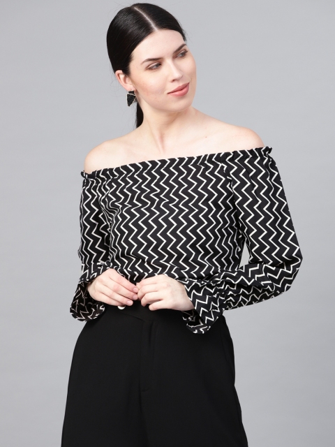 

SIRIKIT Women Black & White Chevron Print Cropped Bardot Top