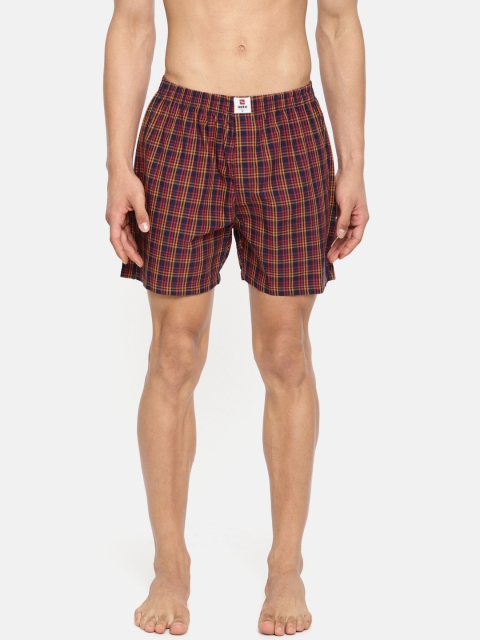 

SPYKAR Men Navy Blue & Orange Checked Pure Cotton Boxers SPY/MBX/ON/S1935