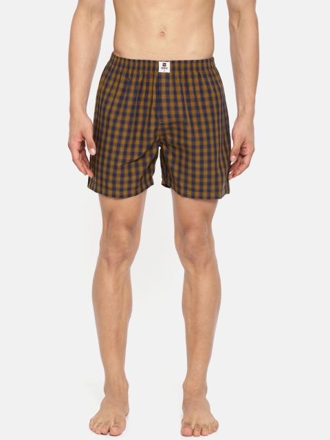 

SPYKAR Men Mustard Yellow & Navy Blue Checked Pure Cotton Boxers SPY/MBX/ON/S1921