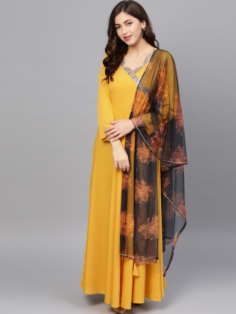 

Ahalyaa Women Mustard Yellow & Charcoal Grey Solid Maxi Dress with Dupatta