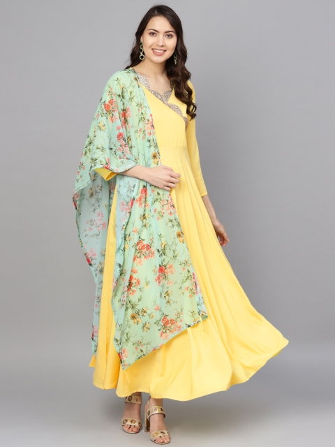 

Ahalyaa Women Yellow & Sea Green Solid Angrakha A-Line Kurta with Dupatta