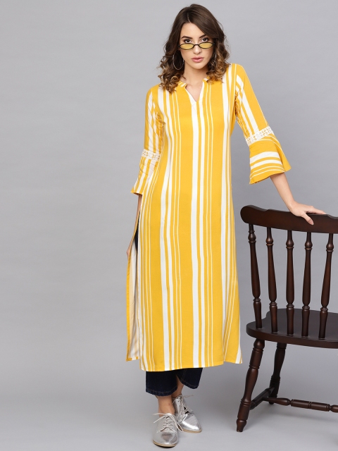 

Libas Women Yellow & White Striped Straight Kurta