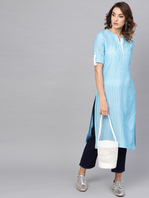 

Libas Women Blue & White Striped Straight Kurta