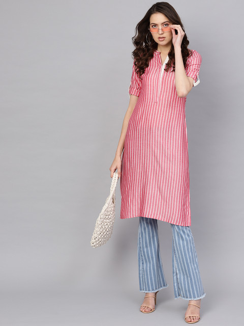 

Libas Women Pink & White Striped Straight Kurta