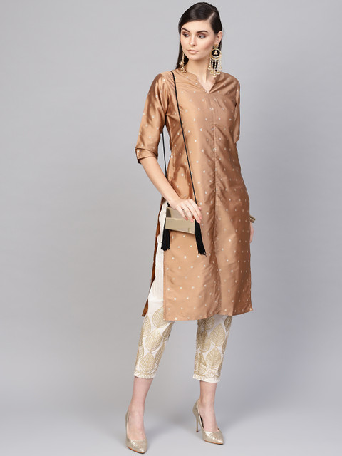 

Libas Women Brown & Off-White Self Design Kurta with Trousers