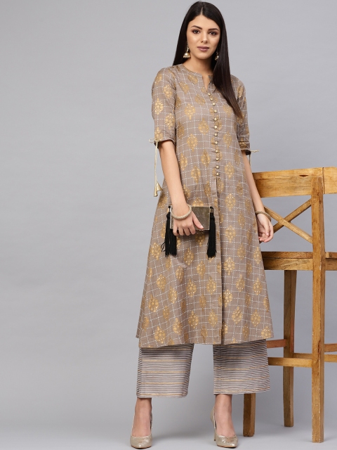 

Libas Women Taupe & Golden Block Print Kurta with Palazzos