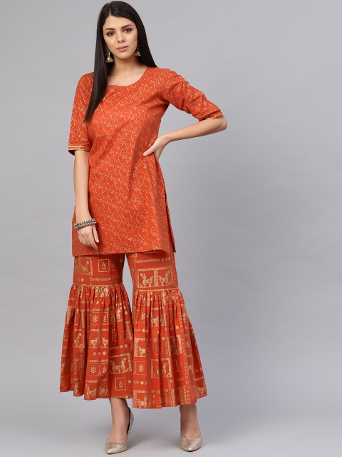 

Libas Women Rust Orange & Golden Block Printed Kurti with Sharara