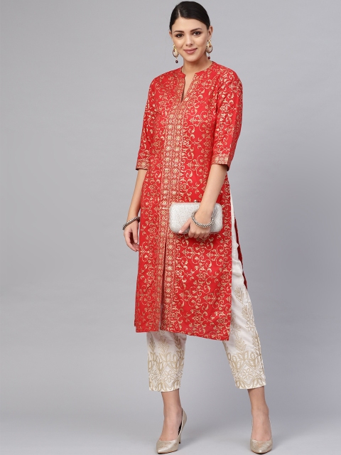 

Libas Women Red & Off-White Block Print Kurta with Trousers