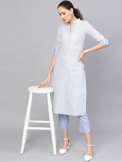 

Libas Women Off-White & Blue Striped Kurta with Trousers