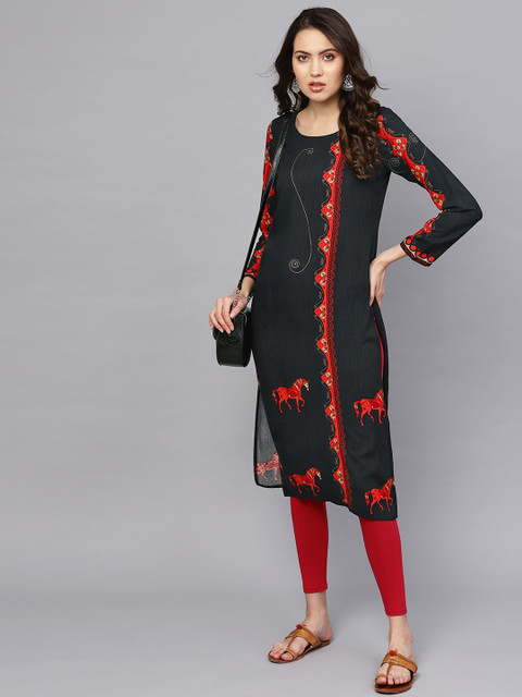 

Libas Women Navy Blue & Red Quirky Printed Straight Kurta