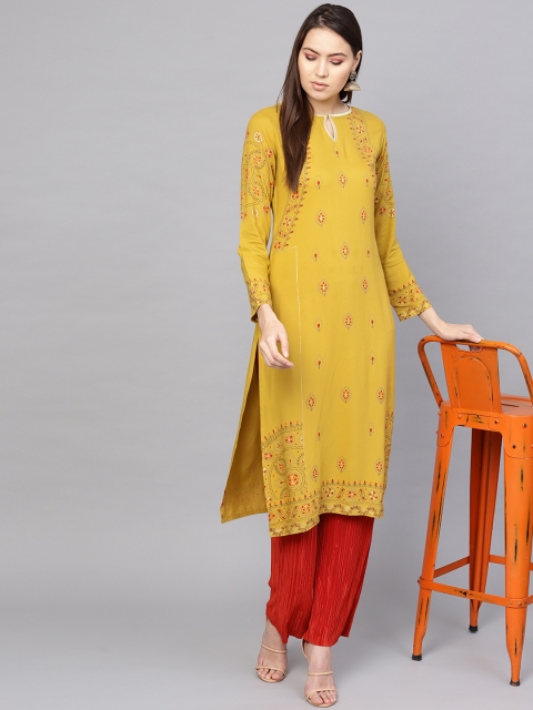 

Libas Women Mustard Yellow Block Printed Straight Kurta