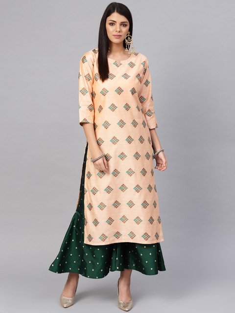 

Libas Women Peach-Coloured & Green Woven Design Kurta with Palazzos