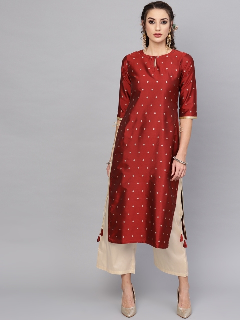

Libas Women Maroon & Cream-Coloured Woven Design Kurta with Palazzos